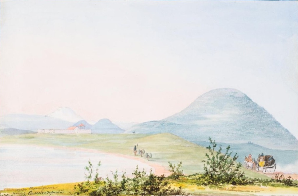 «Пост Соленоозерский на озере Тамбукан близ Пятигорска», Неизвестный художник, хранится в Государственном Историческом музее (ГК 40740404). Период создания начало 1840-х.jpg